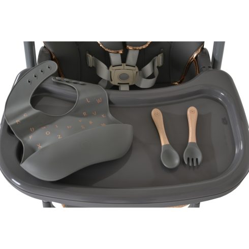 Moni Lindo multifunkciós etetőszék kiegészítőkkel (előke, kanál, villa) Szürke